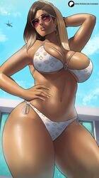  absurdres aircraft alternate_breast_size arm_behind_head bikini bikini_girl_(gta_vi) blonde_hair bracelet brand_name_imitation breasts brown_hair commentary contrapposto cowboy_shot curvy dark-skinned_female dark_skin earrings echo_saber english_commentary female from_below grand_theft_auto grand_theft_auto_vi hand_on_own_hip helicopter highres hoop_earrings jewelry large_breasts looking_to_the_side louis_vuitton_(brand) mole mole_above_mouth mole_under_mouth multicolored_hair multiple_moles navel o-ring o-ring_bikini o-ring_top paid_reward_available parted_bangs patreon_username purple-tinted_eyewear sideways_glance solo straddling sunglasses swimsuit thick_thighs thighs tinted_eyewear two-tone_hair underboob web_address white_bikini 