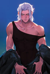  1boy black_shirt black_tank_top blue_background closed_mouth collarbone covered_navel covered_nipples emet-selch eyelashes final_fantasy final_fantasy_xiv highres holding_robe light_particles looking_at_viewer male_focus namikaze_(dobbyka) off_shoulder pectorals shirt signature solo straight-on tank_top white_hair yellow_eyes 