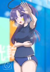  absurdres arm_around_waist black_halo blue_archive blue_buruma blurry blurry_background blush breasts buruma check_commentary commentary commentary_request do_kusuri embarrassed eyelashes female gym gym_shirt gym_uniform halo highres long_hair looking_at_viewer mechanical_halo messy_hair official_alternate_costume open_mouth outstretched_arm purple_eyes purple_hair shirt signature small_breasts star_on_cheek star_sticker steam steaming_body sticker_on_face sweat sweat_stain sweaty_clothes t-shirt yuuka_(blue_archive) yuuka_(track)_(blue_archive) 