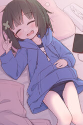  ayanepuna black_hair blue_jacket blue_one-piece_swimsuit blush closed_eyes collarbone commentary_request drooling female hand_on_own_stomach hand_up highres hood hooded_jacket jacket lying mouth_drool name_tag no_pants on_back one-piece_swimsuit open_mouth original school_swimsuit short_hair sleeping solo swimsuit swimsuit_under_clothes 