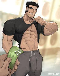  2boys abs absurdres artist_name bara black_hair blurry blurry_background bulge clothes_lift covered_penis facial_hair highres kaito_(kaitobaras) looking_at_another lucas_lee male_focus male_prostitution manly mature_male money multiple_boys muscular muscular_male neck_tattoo nipples one_eye_closed pants pectorals scott_pilgrim_(series) scott_pilgrim_takes_off shirt shirt_lift short_hair signature smirk t-shirt tattoo teeth thick_arms thick_eyebrows tight_clothes track_pants 