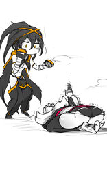  2girls absurdres ass bandaged_hand bandages battle black_footwear black_shorts black_thighhighs breasts changing_artstyle chibi cleavage clenched_hands cropped_jacket defeat fighting_stance fingerless_gloves gloves goggles goggles_on_head hand_up hands_up hayabusa_(niwarhythm) highres holding_own_stomach kneeling loincloth motion_lines multiple_girls navel niwamaru_(niwarhythm) niwarhythm no_mouth on_floor original pain pink_eyes pink_trim punching shaking shiny_skin short_shorts shorts simple_background smoke_trail strapless surrendering thick_thighs thighhighs thighs tube_top white_background white_footwear yellow_eyes 