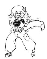  2010 alternate_species anthro bottomwear canid canine clenched_teeth clothing disney female fox gloves hair handwear kim_possible kimberly_ann_possible mammal midriff monochrome navel pants shirt simple_background solo standing surprise t-shirt teeth tincrash topwear transformation white_background 