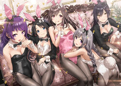  5girls animal_ears arm_support ass back black_bow black_hair black_leotard black_pantyhose blue_eyes blush bow bowtie braid breast_press breasts brown_hair cleavage commentary confetti couch cup detached_collar diagonal_bangs fake_animal_ears fake_tail fishnet_pantyhose fishnets grey_hair hairbow hand_on_own_thigh hand_up highleg highleg_leotard highres holding holding_cup idolmaster idolmaster_shiny_colors indoors l&#039;antica_(idolmaster) large_breasts leotard licking licking_finger long_hair long_sleeves looking_at_viewer medium_breasts mitsumine_yuika multiple_girls on_lap pantyhose parted_lips pink_bow pink_eyes pink_leotard plant playboy_bunny purple_eyes purple_hair rabbit_ears rabbit_tail shirase_sakuya sidelocks sitting small_breasts smile sonsoso tail tanaka_mamimi tongue tongue_out tsukioka_kogane tsurime white_bow white_leotard wing_collar wrist_cuffs yellow_eyes yukoku_kiriko 