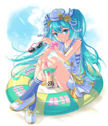  aqua_eyes aqua_hair blue_socks bubble_tea cloud commentary dress female full_body grin hair_between_eyes hat hatsune_miku highres holding holding_removed_eyewear innertube long_hair looking_at_viewer mamoru_mikokoro md5_mismatch outdoors panties pantyshot photoshop_(medium) resolution_mismatch sailor_hat shoes sitting sky smile socks solo source_smaller striped_clothes striped_panties sunglasses swim_ring twintails underwear unworn_eyewear very_long_hair vocaloid 