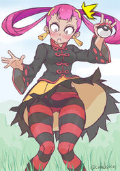  blush camekirin commentary_request dress eyelashes female grass hair_rings highres holding holding_poke_ball knees_together_feet_apart looking_down open_mouth panties panties_under_pantyhose pantyhose poke_ball poke_ball_(basic) pokemon pokemon_masters_ex punk_girl_(pokemon) purple_hair sharp_teeth solo striped_clothes striped_pantyhose surprised teeth twintails underwear wind wind_lift 