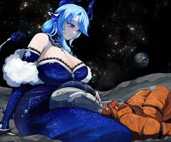  1other animal_ears animal_print arm_support astronaut bare_shoulders blue_dress blue_eyes blue_hair blue_horns breasts cleavage closed_mouth commentary cow_girl cow_tail detached_sleeves dress earth_(planet) english_commentary feet_out_of_frame female glaa_da highres horns huge_breasts indie_virtual_youtuber lap_pillow long_hair long_sleeves looking_afar looking_down miilkywayz mole mole_under_eye mole_under_mouth moon on_ground on_moon planet plump second-party_source sitting sky space spacesuit star_(sky) starry_background starry_sky starry_sky_print strapless tail virtual_youtuber 