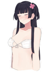  anger_vein black_hair blush breasts closed_eyes commentary_request cropped_torso dera_self female highres idolmaster idolmaster_shiny_colors long_hair mask mask_on_breasts mayuzumi_fuyuko mouth_mask simple_background smile solo surgical_mask trembling two_side_up upper_body white_background 