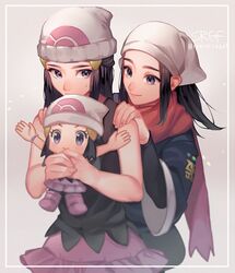  3girls akari_(pokemon) bad_id bad_twitter_id bare_arms beanie black_hair boots bracelet closed_mouth commentary_request dawn_(pokemon) eyelashes framed galaxy_expedition_team_survey_corps_uniform grey_eyes hair_ornament hairclip hands_on_another&#039;s_shoulders hat head_scarf holding jewelry multiple_girls pokemon pokemon_bdsp pokemon_dppt pokemon_legends:_arceus raga red_scarf scarf sidelocks smile sweatdrop time_paradox white_headwear 