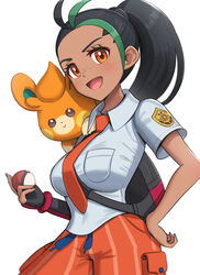  breasts dark-skinned_female dark_skin female freckles gloves gonzarez hair_pulled_back highres holding holding_poke_ball multicolored_hair nail_polish naranja_academy_(emblem) naranja_academy_school_uniform necktie nemona_(pokemon) on_shoulder orange_nails orange_necktie orange_shorts pawmi poke_ball poke_ball_(basic) pokemon pokemon_(creature) pokemon_on_shoulder pokemon_sv red_gloves school_uniform shorts single_glove streaked_hair two-tone_gloves 