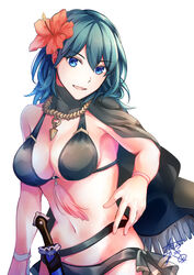  :d alternate_costume bare_shoulders bikini black_bikini black_capelet blue_eyes blue_hair breasts byleth_(female)_(fire_emblem) byleth_(female)_(summer)_(fire_emblem) byleth_(fire_emblem) capelet cleavage collarbone commentary_request cowboy_shot dagger female fire_emblem fire_emblem:_three_houses fire_emblem_heroes flower groin hair_between_eyes hair_flower hair_ornament highres knife large_breasts long_hair looking_at_viewer midriff navel official_alternate_costume open_mouth ribbon sheath sheathed sidelocks simple_background smile solo standing swimsuit tarayuki weapon white_background wrist_ribbon 