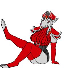  2019 alrussok armor ass blizzard_entertainment canid clothing female fur hat headgear headwear hi_res legwear mammal pinup pose red_eyes sally_whitemane simple_background solo thigh_highs warcraft were werecanid white_body white_fur worgen 