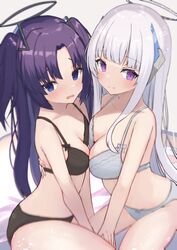  2girls absurdres asymmetrical_docking black_bra black_panties blue_archive blue_eyes blunt_bangs bra breast_press breasts closed_mouth commentary grey_bra grey_hair grey_panties halo headphones highres kirin_(kirin1023) large_breasts long_hair looking_at_viewer mechanical_halo medium_breasts multiple_girls noa_(blue_archive) open_mouth panties parted_bangs purple_eyes purple_hair sitting smile two_side_up underwear underwear_only very_long_hair yuuka_(blue_archive) 