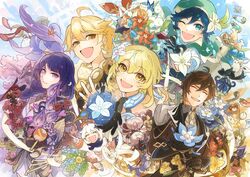  3boys 3girls aether_(genshin_impact) ahoge androgynous bellflower bird_mask black_gloves black_hair blonde_hair blue_flower blue_hair bouquet bow braid brooch brown_hair calla_lily cecilia_flower_(genshin_impact) chinese_bellflower closed_eyes closed_mouth collared_shirt commentary_request constellation corset dandelion dendrobium_(genshin_impact) earrings eyeliner feather_earrings feathers flower formal gem genshin_impact glaze_lily gloves gradient_hair green_eyes hair_between_eyes hair_flower hair_ornament halo hat hat_flower highres instntmssl inteyvat_flower_(genshin_impact) jacket japanese_clothes jewelry kimono leaf long_hair long_sleeves looking_at_viewer lumine_(genshin_impact) makeup mask mint mole mole_under_eye muji-muji_daruma_(genshin_impact) multicolored_hair multiple_boys multiple_girls naku_weed necktie one_eye_closed open_mouth orange_hair paimon_(genshin_impact) ponytail purple_eyes purple_hair raiden_shogun red_flower romper shirt short_hair_with_long_locks sidelocks silk_flower_(genshin_impact) single_earring small_lamp_grass smile suit sweet_flower tassel tassel_earrings thighhighs twin_braids venti_(genshin_impact) violetgrass white_flower white_hair white_romper windwheel_aster_(genshin_impact) yellow_eyes yellow_flower zhongli_(genshin_impact) 