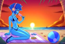  1girls alien alien_girl alien_humanoid bad_tyke_(artist) badtyke beach beach_ball beach_towel bikini blue_bikini blue_body blue_eyes blue_female blue_hair blue_skin cartoon_network female female_only gem_(species) headphones headphones_on_head lapis_lazuli_(steven_universe) looking_at_viewer popsicle sandals sitting solo steven_universe suggestive_look suggestive_pose suggestive_posing sunglasses sunset swimsuit wet wet_body wet_skin 