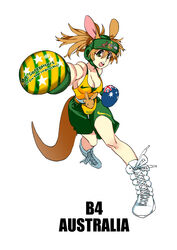  2014_fifa_world_cup absurdres australia boots boxing_gloves boxing_headgear breasts brown_hair cleavage coat_of_arms commentary_request cross-laced_footwear crown female green_eyes green_shorts highres kangaroo kangaroo_girl lace-up_boots large_breasts nike_(company) open_mouth original photoshop_(medium) pouch punching shorts simple_background solo white_background world_cup yu_yanshu 