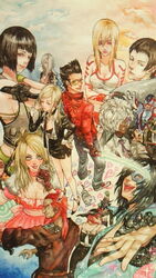  5girls 6+boys :d bad_girl blunt_bangs breasts cleavage closed_eyes collarbone commentary_request death_metal destroyman dr._peace dress everyone harvey_moiseiwitsch_volodarskii headpiece helter_skelter henry_cooldown holly_summers jeane_(nmh) large_breasts letz_shake medium_breasts morito_leaf9 multiple_boys multiple_girls no_more_heroes open_mouth red_dress shinobu_jacobs short_hair silver_hair smile speed_buster sylvia_christel traditional_media travis_touchdown upper_body 