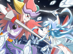  1boy aoki_reika battle blonde_hair blue_eyes blue_hair cage choker clenched_teeth commentary_request crystal_sword cure_beauty duel female hair_tubes ice jappo joker_(smile_precure!) long_hair magical_girl mask multicolored_hair pants pointy_ears precure purple_hair red_hair serious sidelocks smile_precure sword teeth weapon 