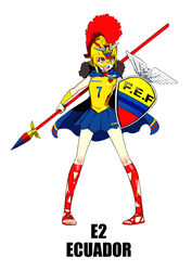  2014_fifa_world_cup absurdres black_hair commentary_request crest ecuador female helmet highres hoplite original photoshop_(medium) pigeon-toed polearm sandals shield simple_background solo spear weapon white_background world_cup yu_yanshu 