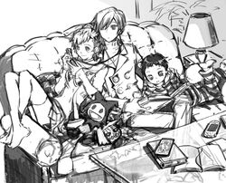  2boys book casual commentary_request couch crossed_ankles earphones female greyscale handheld_game_console jack_frost_(megami_tensei) monochrome multiple_boys persona persona_3 persona_3_portable pharos photoshop_(medium) playstation_portable pyro_jack ron_(lovechro) shared_earphones shiomi_kotone thighhighs yuuki_makoto_(persona_3) 