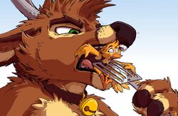  2016 3_fingers 4_toes ambiguous_gender anthro anthro_pred anthro_prey antlers avian beak bell bell_collar biped bird black_nose blue_background body_in_mouth brown_body brown_clothing brown_fur brown_markings brown_topwear butt_first cel_shading cheek_tuft chest_tuft clenched_teeth clothed clothing collar countershade_torso countershading deer digital_media_(artwork) duo ear_markings eyebrows facial_markings facial_tuft feather_tuft feathers feet fingers fluffy fur fur_markings fur_tuft gradient_background green_eyes head_markings head_tuft holding_object horn ideal_(kour) jingle_bell jingle_bell_collar kitchen_spatula kitchen_utensils larger_anthro larger_pred low-angle_view male mammal markings micro multicolored_body multicolored_fur open_mouth orange_beak pink_tongue pushing_in semi-anthro shaded shirt simple_background size_difference smaller_anthro smaller_prey soft_vore spatula tail talons tan_body tan_countershading teeth tirrel tirrel_(tirrel) toes tongue tools topwear tuft vore whiskers yellow_body yellow_feathers yellow_tail 