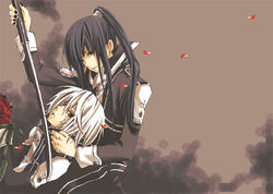  2boys allen_walker black_eyes black_hair d.gray-man kanda_yuu long_hair male male_focus multiple_boys nail_polish nailpolish petals ponytail red_eyes short_hair sword weapon white_hair 