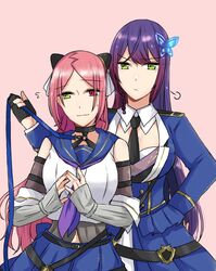  2girls :3 assault_lily bare_shoulders behind_another belt belt_buckle black_belt black_choker black_gloves blue_jacket blue_sailor_collar blue_skirt braid breasts buckle butterfly_hair_ornament choker closed_mouth collared_shirt commentary cowboy_shot detached_sleeves epaulettes flying_sweatdrops frown funada_kiito gloves green_eyes grey_shirt hair_ornament hairpods half_gloves hand_on_own_hip hand_up hands_up heterochromia holding holding_leash jacket large_breasts layered_sleeves leash long_hair long_sleeves looking_at_another looking_to_the_side midriff_peek mole mole_under_eye multiple_belts multiple_girls navel neckerchief nervous_smile nigari_(ngari_0115) o-ring o-ring_choker odaiba_girls_high_school_uniform parted_bangs pink_background pleated_skirt puff_of_air purple_hair purple_neckerchief raised_eyebrows red_eyes red_hair sailor_collar school_uniform serafuku shiba_tomoshibi shirt side_braid sideways_glance simple_background single_braid skirt sleeveless sleeveless_shirt smile standing sweatdrop undershirt v-shaped_eyebrows very_long_hair white_shirt 