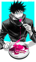  1boy black_jacket blue_background blue_eyes commentary_request eating food fork fushiguro_megumi heart high_collar jacket jujutsu_kaisen jujutsu_tech_uniform looking_at_viewer male_focus norimaki_108 open_mouth plate simple_background sitting solo spiked_hair spot_color suggestive_fluid teeth upper_body 