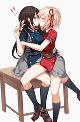  ! !! 2girls absurdres black_hair black_socks blonde_hair blue_dress brown_footwear commentary_request dress grey_background hair_ribbon highres inoue_takina kissing kneehighs loafers long_hair luai lycoris_recoil lycoris_uniform multiple_girls nishikigi_chisato purple_eyes red_dress red_ribbon ribbon shoes short_hair short_sleeves simple_background socks table thighs yuri 