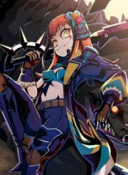  1other absurdres aqua_eyeshadow armor axe blue_coat blue_pants boots brown_gloves closed_mouth coat commentary_request crop_top dragon eyeliner eyeshadow facial_mark female fingerless_gloves fire_emblem fire_emblem_engage gloves hair_ornament highres holding holding_axe leg_armor long_hair looking_at_viewer makeup midriff multicolored_coat open_clothes open_coat orange_hair over_shoulder panette_(fire_emblem) pants red_eyeliner resident92evil short_bangs shoulder_armor sidelocks solo_focus stitched_mouth stitches warrior_outfit_(fire_emblem_engage) weapon weapon_over_shoulder yellow_eyes 