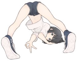  1ssakawaguchi ass black_hair blue_eyes blue_footwear blue_shorts blunt_bangs blush bob_cut closed_mouth clothes_lift commentary commentary_request denim denim_shorts female foreshortening from_behind full_body hand_on_ground hand_to_head head_on_ground heel_up highres ichika_(1ssakawaguchi) jack-o&#039;_challenge kneepits light_blush looking_at_viewer looking_back loose_hair_strand midriff navel ok_sign original pursed_lips shirt shirt_lift shoes short_hair short_shorts short_sleeves shorts simple_background sneakers solo spread_legs t-shirt top-down_bottom-up two-tone_footwear v white_background white_footwear white_shirt 