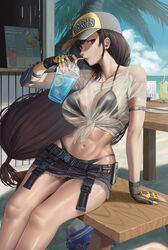  armlet baseball_cap beach bikini bikini_under_clothes black_bikini blue_sky breasts brown_hair cloud cloudy_sky collarbone cup denim denim_skirt drinking drinking_straw earrings elbow_pads english_commentary female final_fantasy final_fantasy_vii final_fantasy_vii_ever_crisis final_fantasy_vii_remake fingerless_gloves frayed_skirt gloves grey_skirt hat highleg highleg_bikini highres jewelry large_breasts lifeguard long_hair looking_at_viewer low-tied_long_hair midriff navel ocean official_alternate_costume outdoors palm_tree red_eyes sand see-through see-through_shirt shirt short_sleeves silvertsuki single_earring single_elbow_pad sitting skirt sky solo swimsuit thighs tied_shirt tifa_lockhart tifa_lockhart_(lifeguard) tree very_long_hair wet wet_clothes wet_shirt whistle whistle_around_neck white_shirt 