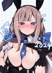  2024 alternate_costume animal_ears animal_print atsutoku black_gloves black_hairband black_leotard blue_eyes blue_necktie blush bow breasts detached_collar fake_animal_ears female gloves hairband hairbow highres kantai_collection large_breasts leotard light_brown_hair long_hair looking_at_viewer low_twintails maryland_(kancolle) necktie nose_blush playboy_bunny rabbit_ears rabbit_print short_necktie solo strapless strapless_leotard twintails 