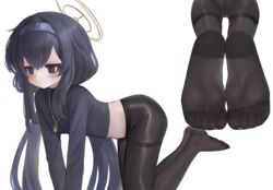  bags_under_eyes black_hair black_pantyhose black_shirt blue_archive blue_eyes blue_hairband blush breasts closed_mouth dokomon feet female foot_focus hair_between_eyes hairband halo highres jewelry legs long_hair long_sleeves multiple_views no_shoes pantyhose pendant shirt simple_background small_breasts soles thighband_pantyhose toes ui_(blue_archive) white_background 