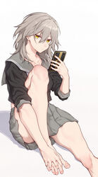  absurdres bare_legs barefoot batatata77 between_toes expressionless feet female foot_focus foot_out_of_frame greek_toe grey_hair highres holding holding_phone honkai:_star_rail honkai_(series) knee_up legs long_toes looking_at_viewer medium_hair phone pleated_skirt sailor_collar school_uniform skirt spread_toes stelle_(honkai:_star_rail) thighs toenails toes toned trailblazer_(honkai:_star_rail) yellow_eyes 