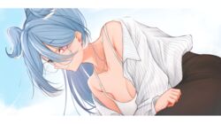  absurdres blue_hair breasts collarbone dragon_girl elira_pendora female glasses hair_between_eyes heterochromia highres large_breasts lazulight light_smile long_skirt nijisanji parkiranhonda ponytail skirt smile solo virtual_youtuber 