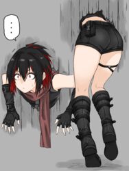  ... black_hair black_shorts crack cracked_wall female fingerless_gloves fuku_(fuku12290574) gloves highres immobilization kneepits legs midriff multicolored_hair original red_eyes red_hair restrained scarf short_ponytail shorts solo spoken_ellipsis stationary_restraints stuck thigh_strap through_wall two-tone_hair 