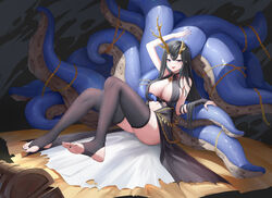  :p absurdres antlers asymmetrical_horns azur_lane black_dress black_hair black_nails black_thighhighs blue_eyes breasts bridal_legwear chains dress feet female golden_hind_(azur_lane) highres horns kafeifeifeifeifeifei_jiemo_jun knees_up large_breasts legs long_hair looking_at_viewer mole mole_under_mouth nail_polish navel no_shoes reindeer_antlers revealing_clothes sitting solo stirrup_legwear stomach suction_cups tentacle thighhighs toeless_legwear toenail_polish toenails toes tongue tongue_out treasure_chest 