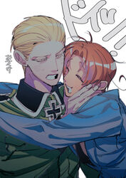  2boys absurdres axis_powers_hetalia blonde_hair blue_jacket blush character_name closed_eyes collared_jacket cross fingernails germany_(hetalia) greek_cross green_jacket grey_eyes hand_on_another&#039;s_face happy highres hug iron_cross jacket long_sleeves looking_at_another male_focus messy_hair military_uniform multiple_boys naotin3333 northern_italy_(hetalia) open_mouth orange_hair short_hair simple_background sweatdrop translated uniform upper_body white_background 