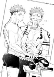  2boys abs adam&#039;s_apple bite_mark black_male_underwear bowl boxer_briefs bruise coffee_mug commentary_request cooking cup dutch_angle facial_mark fish fish_(food) food frying_pan greyscale holding holding_cup holding_frying_pan holding_spatula implied_yaoi injury itadori_yuuji jujutsu_kaisen kitchen looking_at_viewer male_focus male_underwear mature_male monochrome mug multiple_boys muscular muscular_male nipples norimaki_108 ryoumen_sukuna_(jujutsu_kaisen) spatula spoon table toned topless_male underwear utensil_in_mouth 