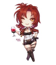  ;) alcohol artist_name belt black_footwear black_shorts boots breasts cleavage closed_mouth commentary cup drinking_glass english_commentary female full_body holding holding_cup honkai_(series) honkai_impact_3rd jacket kutty-sark long_sleeves looking_at_viewer mole mole_on_breast murata_himeko murata_himeko_(vermillion_knight) one_eye_closed red_hair red_jacket shorts simple_background smile solo white_background wine wine_glass yellow_eyes 