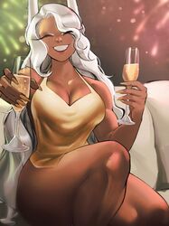  :d alternate_hairstyle animal_ears bare_arms bare_shoulders blurry blurry_background boku_no_hero_academia breasts champagne_flute cleavage closed_eyes cup dark-skinned_female dark_skin drinking_glass english_commentary female fingernails fireworks gold_dress gold_nails happy_new_year highres holding holding_cup large_breasts long_eyelashes long_fingernails long_hair looking_at_viewer mirko nail_polish rabbit_ears rabbit_girl sitting smile solo teeth thick_thighs thighs toned very_long_hair wavy_hair white_hair zukululuu 