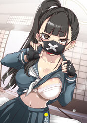  aoi_manabu black_eyes black_gloves black_hair black_mask black_sailor_collar black_skirt blue_archive bra breasts collarbone commentary_request female gloves large_breasts long_hair long_sleeves looking_at_viewer mask mouth_mask navel neckerchief pleated_skirt ponytail sailor_collar skirt solo sukeban_(smg)_(blue_archive) surgical_mask tongue tongue_out underwear white_bra white_neckerchief 