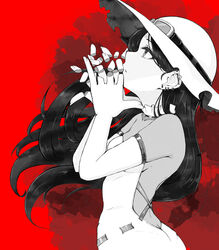  backless_dress backless_outfit bare_shoulders commentary_request dress elbow_gloves female fingernails floating_hair gloves goggles goggles_on_headwear hands_up hat highres long_hair original profile red_background simple_background solo strapless strapless_dress temari_rin torn_clothes torn_hat very_long_hair 