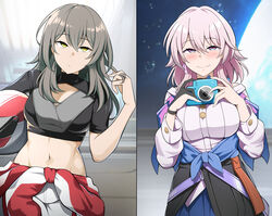  2girls absurdres black_shirt black_skirt blue_jacket blue_skirt blush breasts camera cleavage cleavage_cutout clothes_around_waist clothing_cutout commentary cowboy_shot crop_top grey_hair hand_up helmet highres holding holding_camera holding_helmet honkai:_star_rail honkai_(series) jacket jacket_around_waist limelam06 long_hair long_sleeves looking_at_viewer march_7th_(honkai:_star_rail) march_7th_(preservation)_(honkai:_star_rail) medium_breasts medium_hair midriff multiple_girls navel pants pink_hair shirt skirt smile standing stelle_(galactic_grand_prix)_(honkai:_star_rail) stelle_(honkai:_star_rail) stomach trailblazer_(honkai:_star_rail) upper_body white_pants white_shirt yellow_eyes yuri 