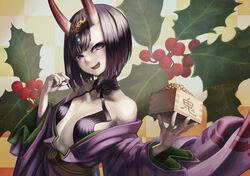  bare_shoulders beans bob_cut breasts commentary_request fate/grand_order fate_(series) female headpiece highres holly horns japanese_clothes kimono looking_at_viewer masu mayagi_(mayagi61) oerba_yun_fang off_shoulder oni open_mouth purple_eyes purple_hair purple_kimono setsubun short_hair shuten_douji_(fate) skin-covered_horns small_breasts smile solo upper_body 