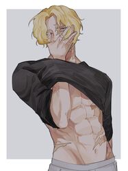  1boy black_eyes black_shirt blonde_hair burn_scar clothes_lift covering_own_mouth english_commentary grey_background guilty_challenge_(meme) hand_over_own_mouth hand_under_clothes hand_under_shirt highres male_focus meme navel one_piece pants sabo_(one_piece) scar scar_across_eye scar_on_face shirt shirt_lift short_hair solo stomach toned toned_male white_pants xve009 