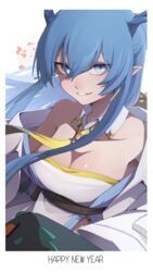  absurdres arknights blue_eyes blue_hair border breasts chong_yue_(arknights) cleavage dragon_bubble_(arknights) dragon_girl dragon_horns dusk_(arknights) earrings female hair_between_eyes happy_new_year highres horns if_f jacket jewelry large_breasts ling_(arknights) long_hair looking_at_viewer nian_(arknights) nose parted_lips pointy_ears shirt sidelocks smile solo strapless strapless_shirt tassel tassel_earrings upper_body white_border white_jacket white_shirt 