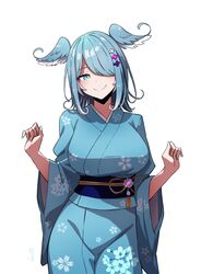  aqua_nails batta_16-sei blue_eyes blue_hair blue_kimono contrapposto cowboy_shot elira_pendora female floral_print floral_print_kimono hair_over_one_eye head_wings highres japanese_clothes kimono looking_at_viewer medium_hair nijisanji nijisanji_en signature simple_background smile solo virtual_youtuber white_background wings 