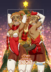  2023 anthro ass beaver beaver_tail breasts buckteeth bunn_delafontaine christmas christmas_clothing christmas_tree cinn_delafontaine cleavage clenched_teeth clothed clothing duo female freckled_breasts freckled_face freckles freckles_on_shoulders front_view fur hair hands_behind_head head_turned hi_res holidays keiron_white looking_at_viewer mammal plant pose raised_arm rear_view rodent scarf signature smile teeth text tree 